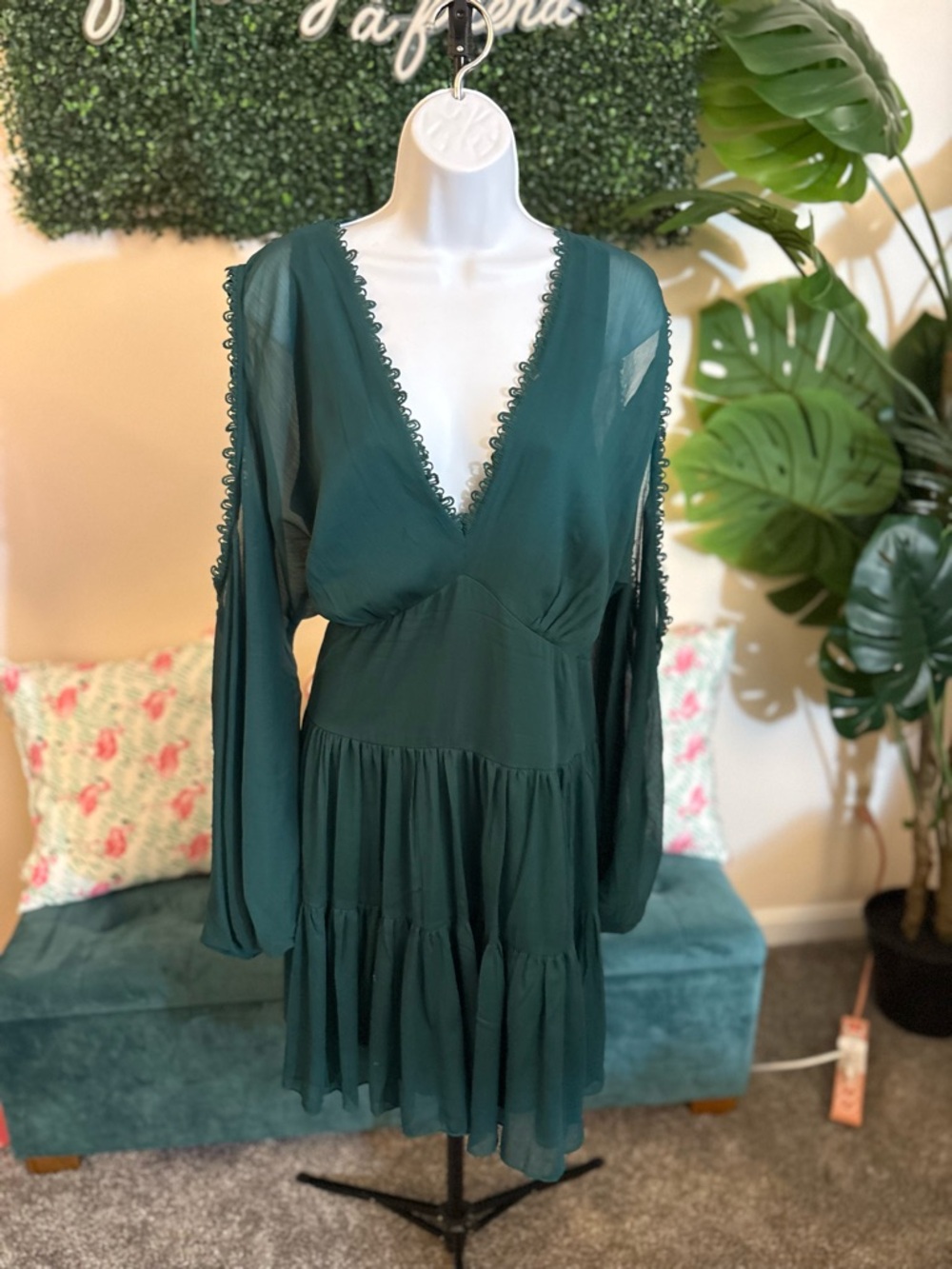 ASOS Green Long-Sleeve V-Neck Tiered Mini Dress